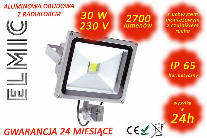Naświetlacz LED ELMIC XH2501 30W z zintegrowanym uchwytem, czujnikiem ruchu i czujnikiem zmierzchu