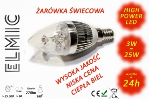 Candle bulb light LED POWER XH 003 3W 230V E14 3000K Warm White ELMIC transparent