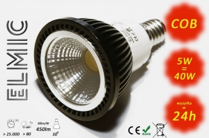 Spotlight LED COB XH 6625 5W 230V E14 30deg. 3000K Warm White ELMIC transparent