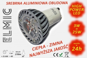 Żarówka reflektor LED POWER XH 6628 3W 230V GU10 30st. 6500K Zimna Biel ELMIC przeźroczysta