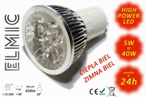 Żarówka reflektor LED POWER XH S 04 5W 230V GU10 30st. 6500K Zimna Biel ELMIC przeźroczysta