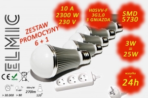 Żarówka LED SMD 5730 XH 6047 3W 230V E27 120st. 3000K Ciepła Biel ELMIC aluminium AMBER mleczna - paczka promocyjna 6 szt. + przedłużacz elektryczny