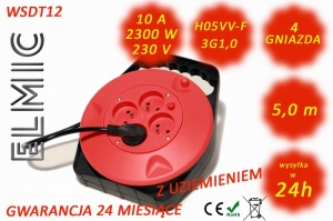 Przedłużacz elektryczny zwijany bębnowy - 5 mb - WS DT 12 / 05 / 1.0 / K - ELMIC czarny / czerwony