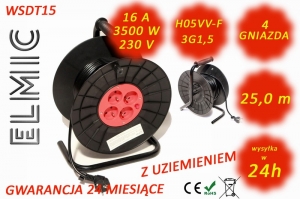 Przedłużacz elektryczny zwijany bębnowy - 25 mb - WS DT 15 / 25 / 1.5 / K - ELMIC czarny / czerwony
