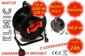 Przedłużacz elektryczny zwijany bębnowy - 30 mb - WS DT 20 / 30 / 1.5 / K - ELMIC czarny / czerwony