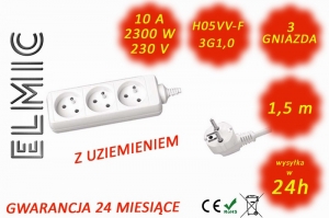 Przedłużacz elektryczny listwa bez włącznika - 1.5 mb - WS NF 03 / 1.5 / 1.0 / K - ELMIC biały
