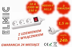 Przedłużacz elektryczny listwa z włącznikiem - 1.5 mb - WS NF 03 K / 1.5 / 1.0 / K - ELMIC biały